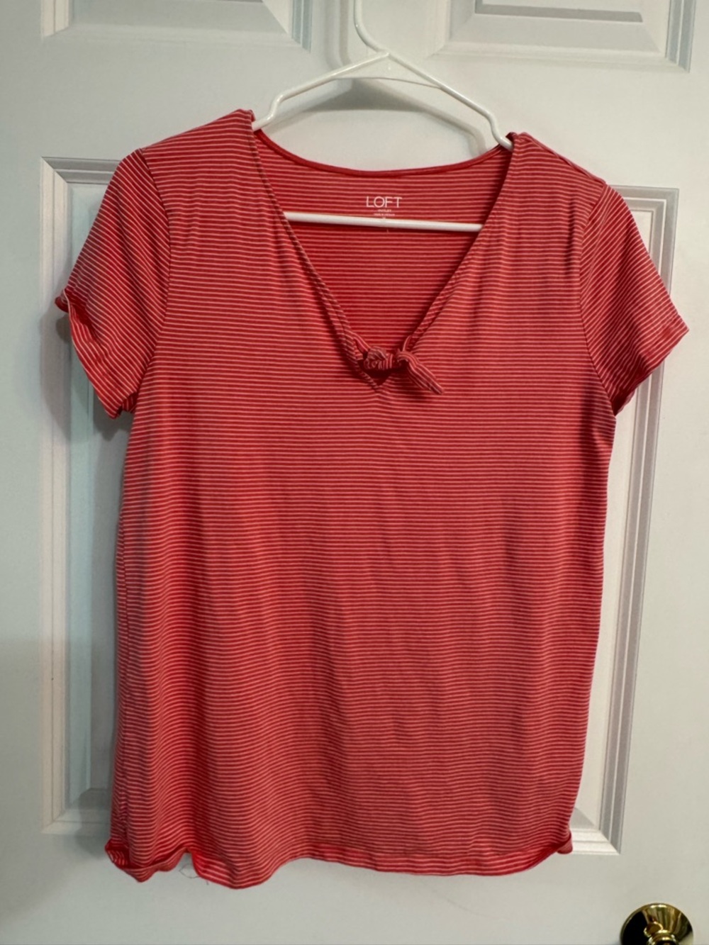 LOFT Coral Red & White Striped Short Sleeve Tie-Front Top